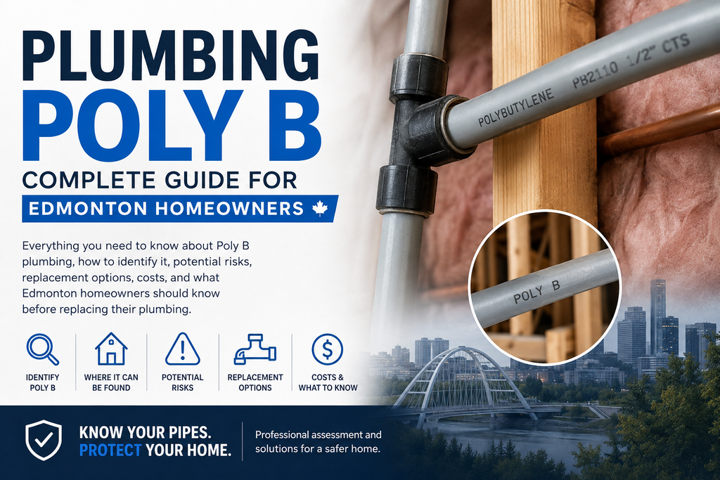 Grey Poly B plumbing pipe and fittings inside an Edmonton home, showing an example of Poly B piping and the need for identification and replacement.